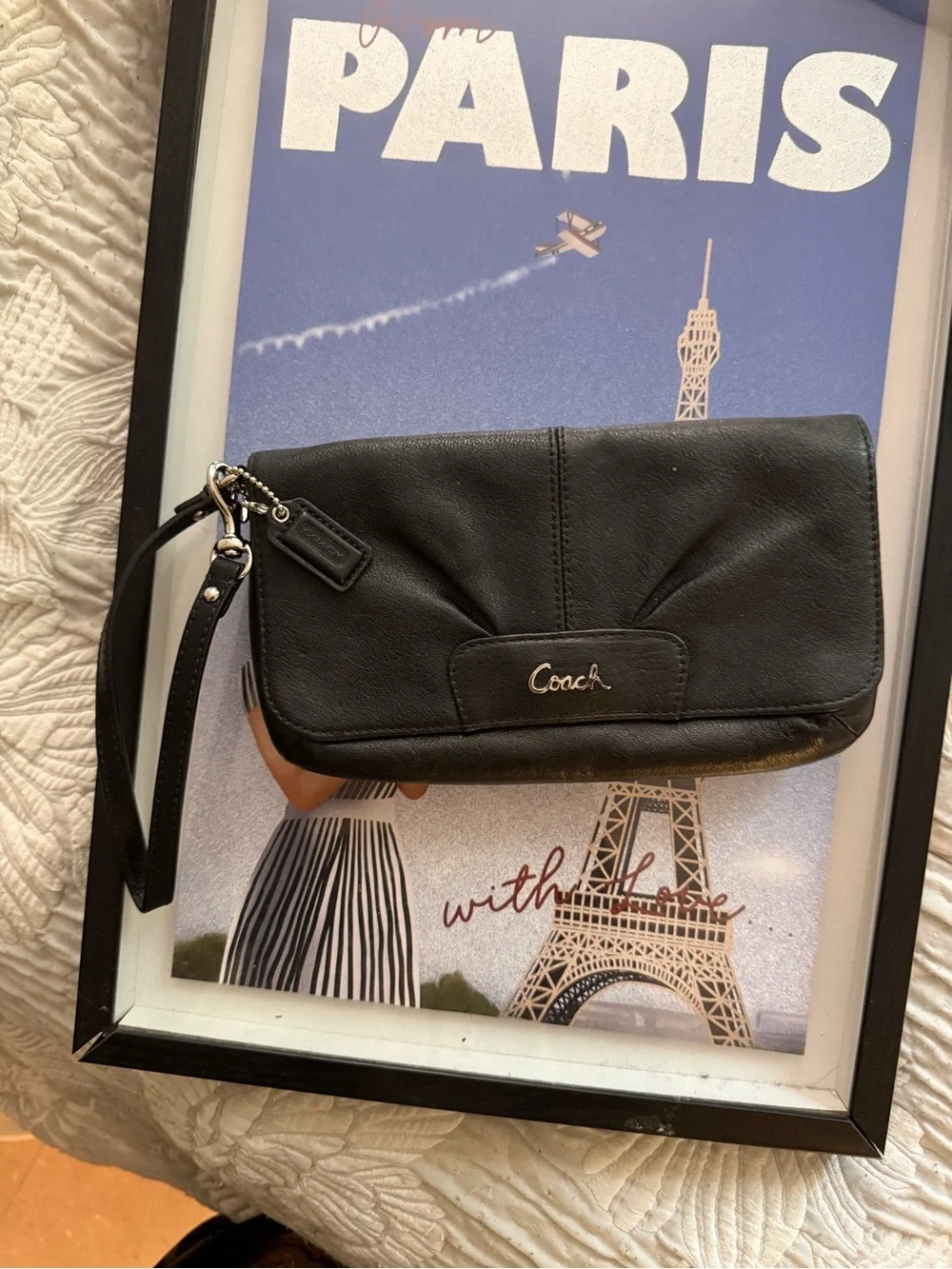 Coach Black Leather Wristlet Clutch with Silver Hardware